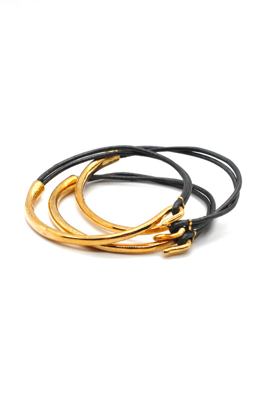 Dark Grey Leather + 24K Gold Plate Bangle Bracelet