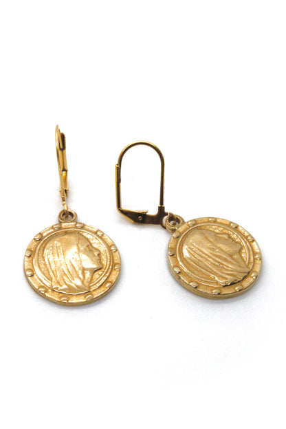 Bronze Reversible French Religious Charm Earrings -French Medal Collection- E6-003