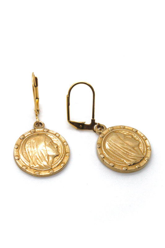 Bronze Reversible French Religious Charm Earrings -French Medal Collection- E6-003