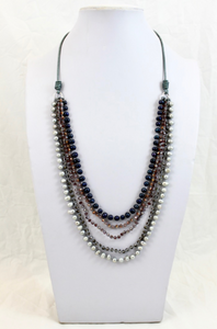 Freshwater Pearl Mix Hand Knotted Long Necklace on Genuine Leather -Layers Collection- NLL-Dazzle