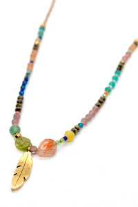 Mini 24K Gold Plate Feather Rainbow Beaded Short Necklace -French Flair Collection- N2-2255