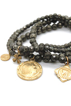 Load image into Gallery viewer, Pyrite Stretch Bracelet with Gold French Religious Medal -French Medals Collection- B6-003
