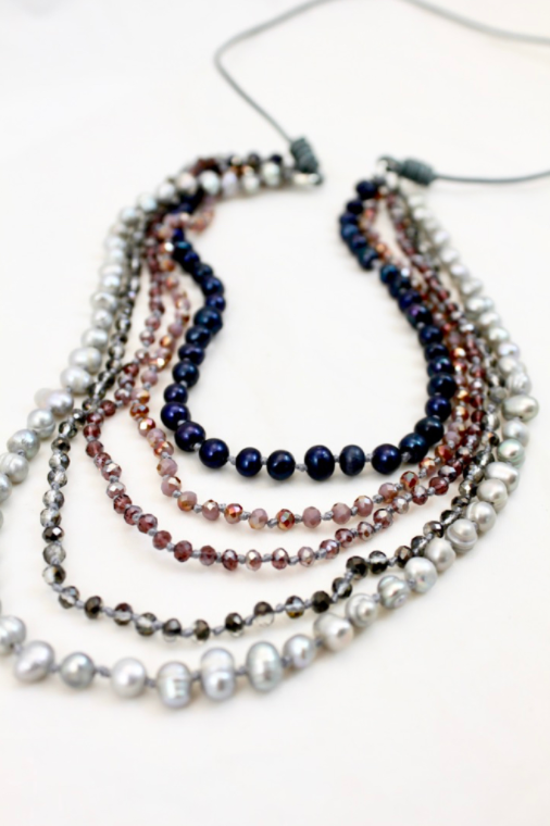 Freshwater Pearl Mix Hand Knotted Long Necklace on Genuine Leather -Layers Collection- NLL-Dazzle