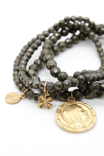 Load image into Gallery viewer, Mini Pyrite Stretch Bracelet with Gold Shamrock -French Medals Collection- B6-004

