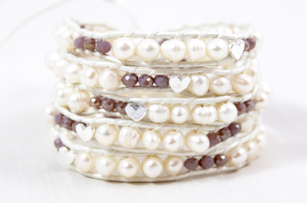 Korra - Freshwater Pearls and Hearts Leather Wrap Bracelet
