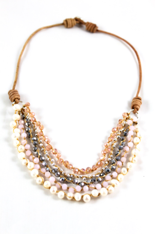 Freshwater Pearl Mix Hand Knotted Short Necklace on Genuine Leather -Layers Collection- NLS-Lotus