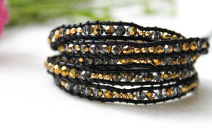Gold - Crystal Dipped Leather Wrap Bracelet