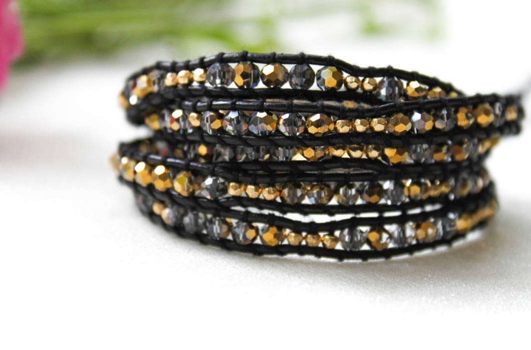 Gold - Crystal Dipped Leather Wrap Bracelet