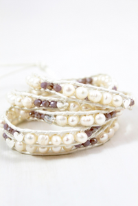 Korra - Freshwater Pearls and Hearts Leather Wrap Bracelet
