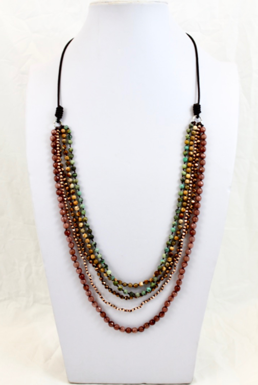 Quartz, Jasper, African Turquoise Mix Hand Knotted Long Necklace on Genuine Leather -Layers Collection- NLL-Dirt
