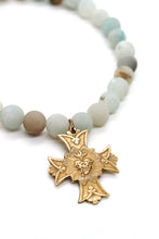 Load image into Gallery viewer, Amazonite Stone Stretch Bracelet with French Gold Religious Cross Heart Charm -French Medals Collection- B6-009
