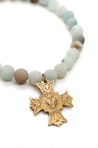 Amazonite Stone Stretch Bracelet with French Gold Religious Cross Heart Charm -French Medals Collection- B6-009