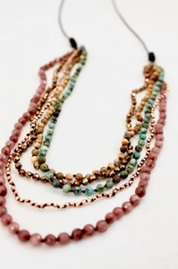 Quartz, Jasper, African Turquoise Mix Hand Knotted Long Necklace on Genuine Leather -Layers Collection- NLL-Dirt