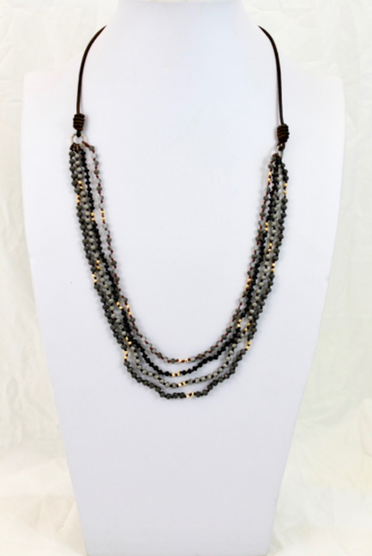 Matte Crystals Hand Knotted Long Necklace on Genuine Leather -Layers Collection- NLL-057