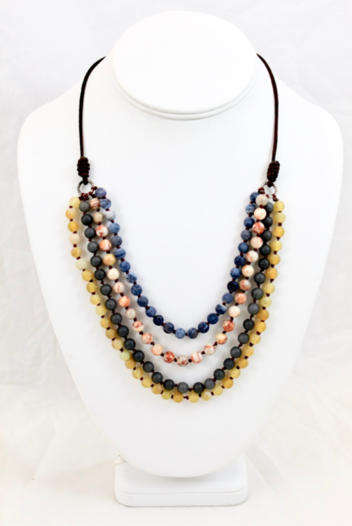Large Semi Precious Stone Hand Knotted Short Necklace on Genuine Leather -Layers Collection- NLS-M10
