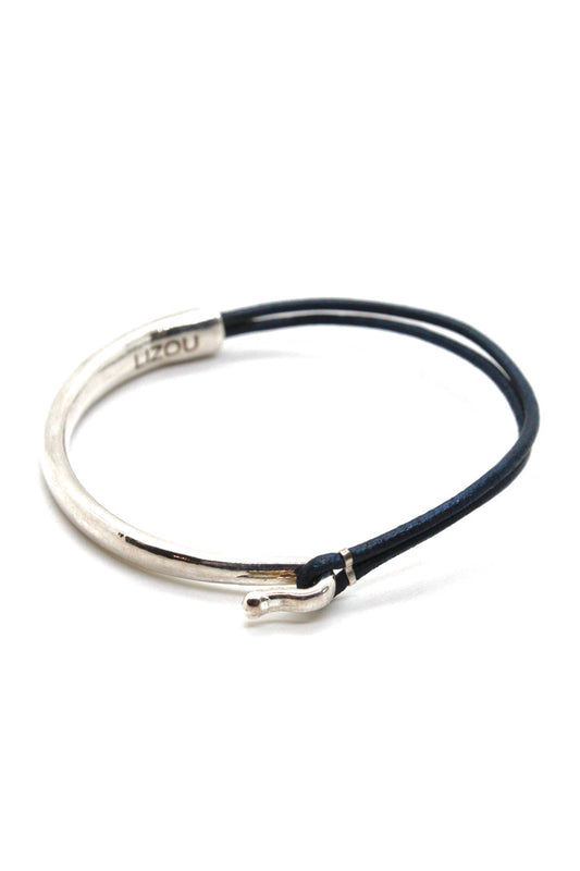 Navy Leather + Sterling Silver Plate Bangle Bracelet