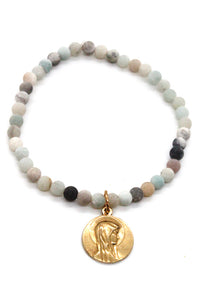 Amazonite Stone Stretch Bracelet with Gold French Religious Medal Charm -French Medals Collection- B6-008