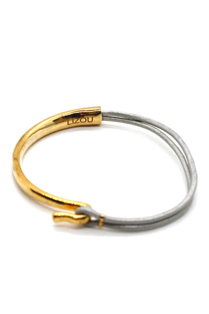 Silver Leather + 24K Gold Plate Bangle Bracelet