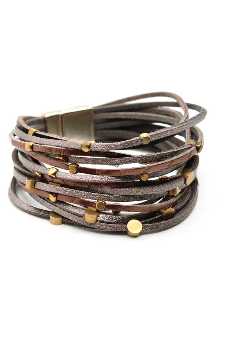 Brown Brass Nugget Leather Bracelet -French Flair Collection- B1-2077