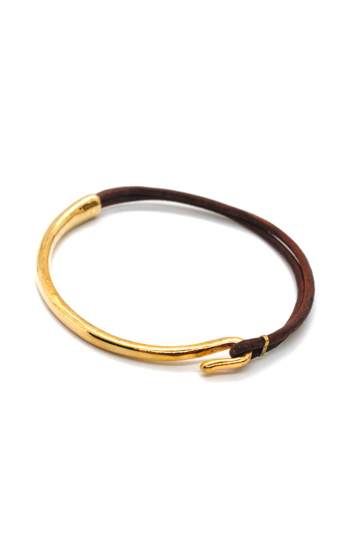 Natural Dark Brown Leather + 24K Gold Plate Bangle Bracelet