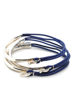 Load image into Gallery viewer, Cobalt Leather + Sterling Silver Plate Bangle Bracelet
