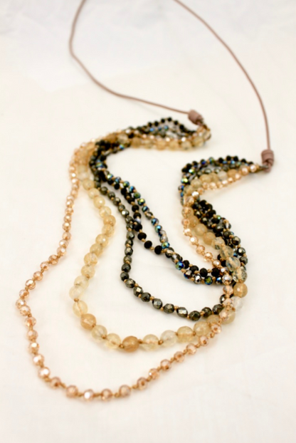 Crystal Mix Hand Knotted Long Necklace on Genuine Leather -Layers Collection- NLL-Cash