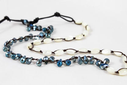 Hand Knotted Convertible Crochet Bracelet, Necklace, or Headband, Mother of Pearl and Crystals - WR-057