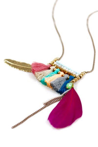 Gold and Pink Feather with Colorful Tassels Long Chain Necklace Fringe Style -The Classics Collection- N2-730