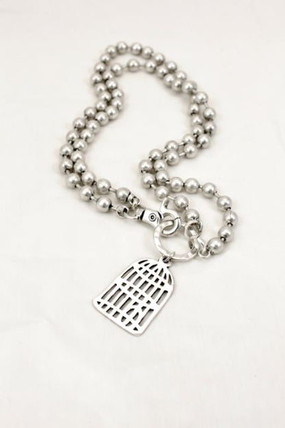 Convertible Short or Long Silver Ball Chain with Bird Cage -The Classics Collection- N2-885