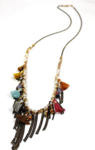 Long Crystal Necklace with Rainbow Tassels and Metal Fringe -The Classics Collection- N2-752