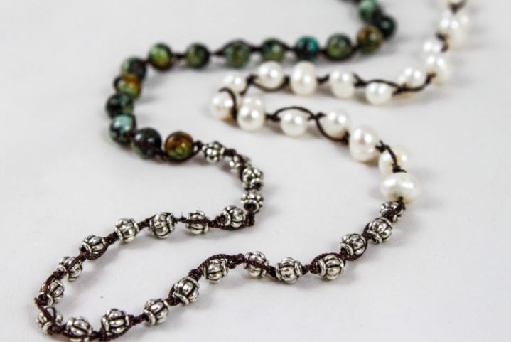 Hand Knotted Convertible Crochet Bracelet, Necklace, or Headband, Semi Precious Stone Mix - WR-045