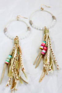 Crystal Beaded Hoop Earrings with Tassel - E001T-White