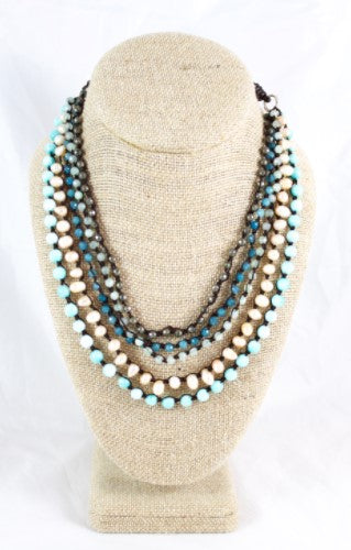 Semi Precious Stone Turquoise Variation with Freshwater Pearls Hand Knotted Long Necklace on Genuine Leather -Layers Collection- N5-027