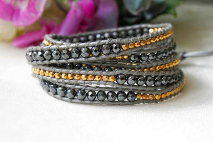 Xmas - Gold and Grey Mix Leather Wrap Bracelet