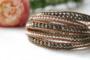 L.A. - Pyrite and Sterling Plate Leather Wrap Bracelet