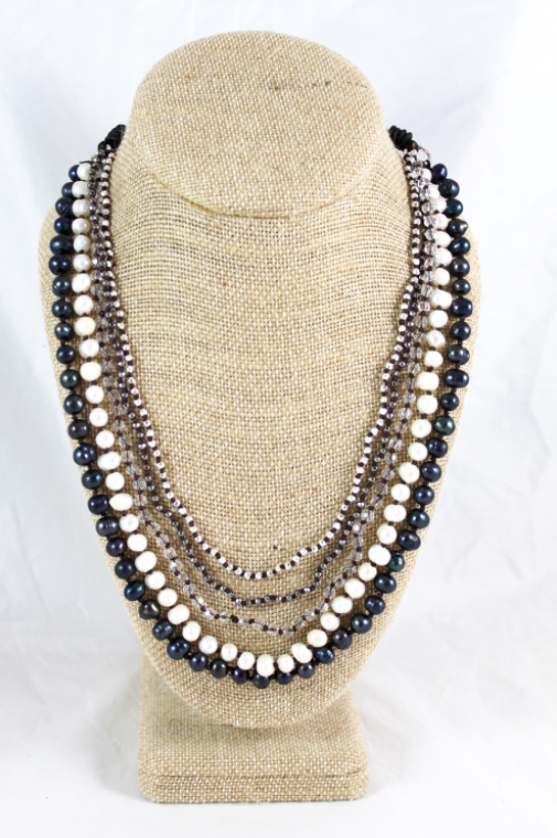Freshwater Pearl Mix Hand Knotted Long Necklace on Genuine Leather -Layers Collection- NLL-Eskimo