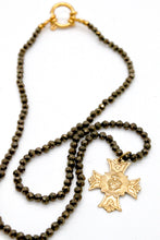 Load image into Gallery viewer, Faceted Pyrite Short Necklace with Cross Heart French Religious Charm -French Medals Collection- N6-009
