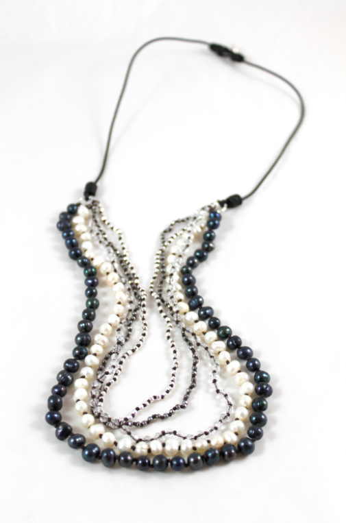 Freshwater Pearl Mix Hand Knotted Long Necklace on Genuine Leather -Layers Collection- NLL-Eskimo