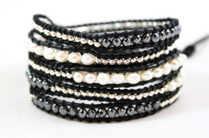 Granite - Freshwater Pearl and Gunmetal Leather Wrap Bracelet