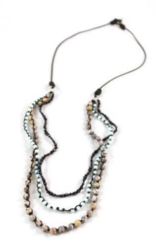 Crystal and Semi Precious Stone Mix Hand Knotted Long Necklace on Genuine Leather -Layers Collection- N5-005