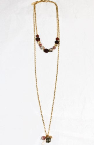 Two Row Rhodonite and 24K Gold Plate Long Necklace -French Flair Collection- N2-988
