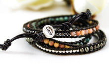 Load image into Gallery viewer, Chipotle - Mixed Semi Precious Stone Dark Leather Wrap Bracelet
