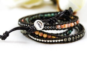 Chipotle - Mixed Semi Precious Stone Dark Leather Wrap Bracelet