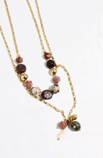 Two Row Rhodonite and 24K Gold Plate Long Necklace -French Flair Collection- N2-988