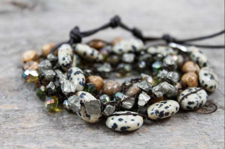 Hand Knotted Convertible Crochet Bracelet or Necklace, Crystals and Stones Mix - WR-105
