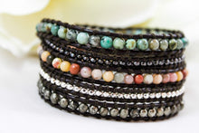 Load image into Gallery viewer, Chipotle - Mixed Semi Precious Stone Dark Leather Wrap Bracelet
