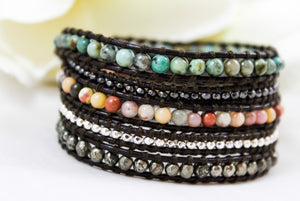 Chipotle - Mixed Semi Precious Stone Dark Leather Wrap Bracelet