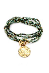 Faceted Long African Turquoise Necklace with Reversible Gold French Religious Charm -French Medals Collection- N6-024