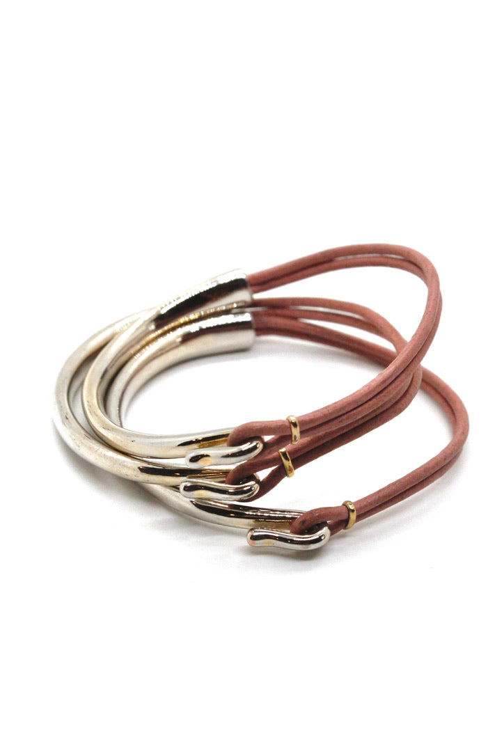 Pastel Pink Leather + Sterling Silver Plate Bangle Bracelet