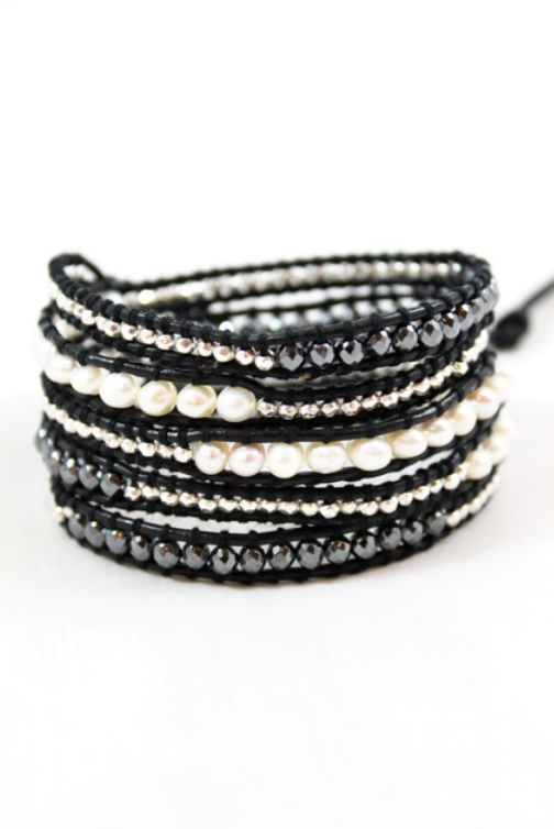 Granite - Freshwater Pearl and Gunmetal Leather Wrap Bracelet